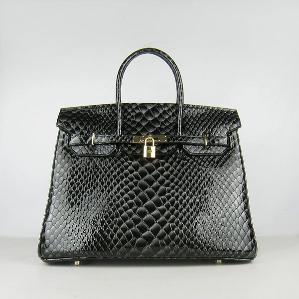 High Quality Fake Hermes Birkin 35CM Fish Veins Leather Bag Black 6089